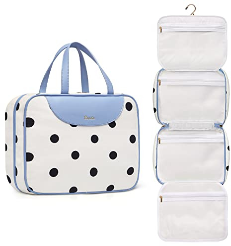 Bosidu Hanging Travel Toiletry Bag,Large Capacity Cosmetic Travel Toiletry Organizer for Women with 4 Compartments & 1 Sturdy Hook,Perfect for Travel/Daily Use/Christmas, Polka dot, Casual