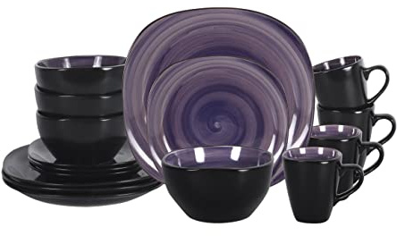 HomeVss - Juego de vajilla cuadrada de 16 piezas, sirve 4, juego de platos y cuencos interiores de color morado y negro exterior, apto para microondas y lavaplatos