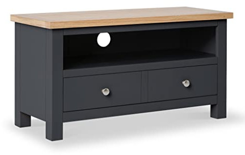 Farrow Charcoal Grey Small TV Unit for Living Room | Roseland Furniture Fully Assembled 90 cm Painted Solid Wood Television Cabinet Stand with Oak Top Suitable for TVs up to 40 inches