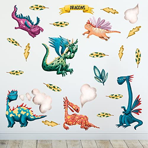 Sunnywall Wandsticker Wandtattoo Wandbild Baby Aufkleber Kinderzimmer Baby Wandaufkleber Spielzimmer (Drachen Dragons)