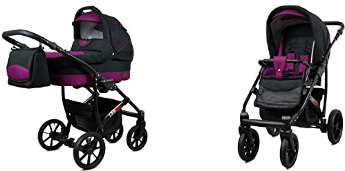 BabyLux Largo 2-in-1 Baby Kinderwagen Tief und Kinderwagen mit Zubehör Verstellbar und faltbar Aluminiumkonstruktion Wasserdicht Nicht abnehmbare Räder Black Red Black Frame