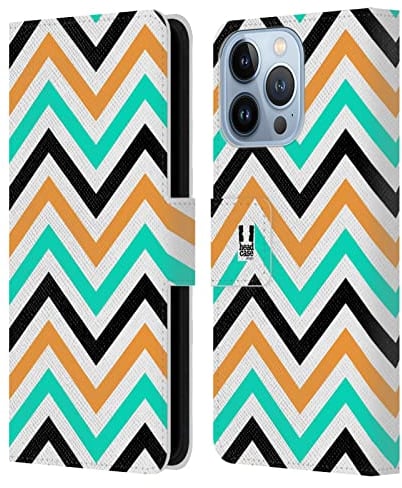 Head Case Designs Blaugrün Und Orange Neon Zigzag Leder-Wallet-Hülle Kompatibel mit Apple iPhone 13 Pro