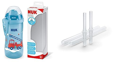 NUK First Choice+ Flexi Cup Trinklernflasche | ab 12 Monaten | auslaufsicher mit Trinkhalm | Clip und Schutzkappe | BPA-frei | 300 ml | Feuerwehrauto (blau) & Flexi Cup Soft-Trinkhalm, 650ml