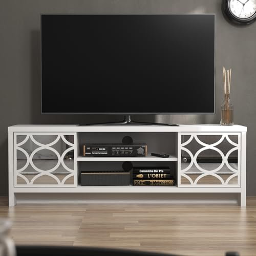 Galano Iris TV Stand – 2 Acrylic Mirror Door Entertainment Unit for TVs up to 60, Modern Storage Cabinet with Shelves – White