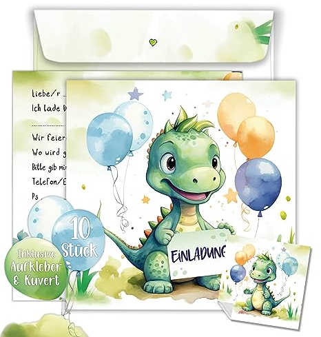 TOBJA Dino Einladungskarten Kindergeburtstag Junge | XXL Dinosaurier Geburtstagseinladungen jungen 15 x 15 cm | 10er Set mit Umschlägen & Stickern | Einladungskarten Geburtstag (Dino)