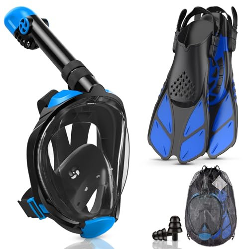 Snorkel Set Adults Full Face Snorkel Mask with Flippers, Snorkeling Mask & Swim Fins, Panoramic View Snorkel Mask Fins Anti-Fog Anti-Leak Foldable Design with Carrying Bag