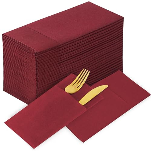 KAMMAK Burgunderrote Servietten, Weinrot, stoffähnliche Papierservietten mit Tasche, Gästehandtuch für Party-Dekoration, Hochzeitsempfang, Badezimmer, Restaurant (41,9 x 41,9 cm)
