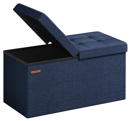 SONGMICS Sitzbank mit Stauraum, klappbare Sitztruhe, Aufbewahrungsbox, 38 x 76 x 38 cm, Deckel klappbar, bis 300 kg belastbar, für Flur, Wohnzimmer, Schlafzimmer, mitternachtsblau LSF046Q02