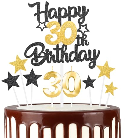 Black Gold 30th Happy Birthday Candles Cake Toppers Set, Number 30 Candle for Cake, Gold Candles for Women Men Birthday Decorations, Star Cake Toppers for Girls Boys Birthday Party Wedding Anniversary