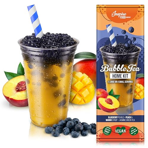 INSPIRE FOOD Bubble Tea Kit Complet - Bubble Tea Perles Pomme Verte, Sirop de Fraise, Sirop de Mangue, 4x Pailles + 2x Thé au Jasmin | 100% vegan, sans gluten, sans colorants artificiels