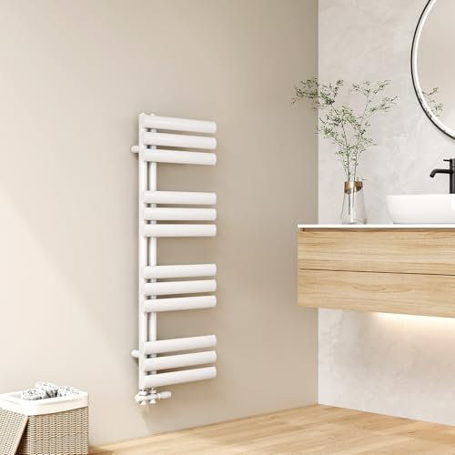 EMKE - Toallas de Agua Caliente, Tubo Ovalado, 112 x 40 cm, radiador de baño de Tubo Ovalado, toallero para calefacción de baño, calefacción de Agua Caliente, 385 W, Blanco