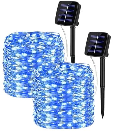 Clearhill 2er-Pack Solar-Lichterketten, Gesamt 40M/131.2FT Blau 600 LED, Kupferdraht-Lichterketten mit 8 Modi, Wasserdichte Solar-Gartenbeleuchtung für Terrasse, Garten, Bäume, Weihnachten