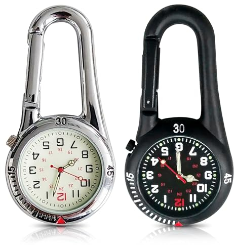 2 Stück Taschenuhr Mit Karabiner, Befestigung Karabineruhr, Digital Karabineruhr Mit Leuchtendes Zifferblatt, Taschenuhr Schlüsselbund Für Damen Herren Doktorkrankenschwester(Silber, Ganz Schwarz)