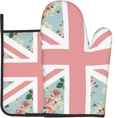 Englische Rosen Union Jack Flagge, Ofenhandschuhe und Topflappen, Kochhandschuhe, hitzebeständige Backhandschuhe