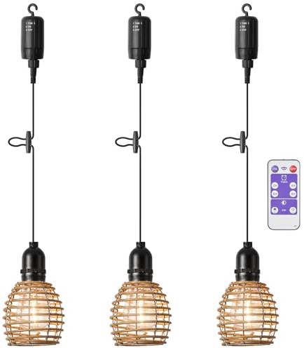 KSIBNW Lampes Suspendues d'extérieur avec Télécommande, Suspension Luminaire de 3 Lampes Portable Lustre Bohèmes Réglables en Hauteur Abat-jour en Rotin Fonction Minuterie Dimmable Intérieur Éclairage