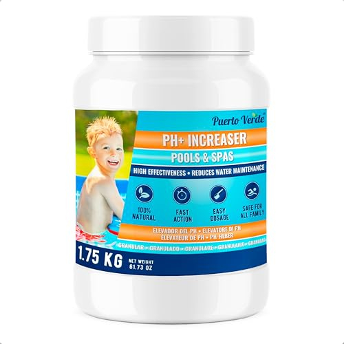 Puerto Verde • Elevador pH+ para Piscinas 1,75 Kg. Corrector de pH Apto para Hidromasajes y Spas. Regulador pH Plus en Formato Polvo. Cacito Dosificador Incluido. Producción Española.