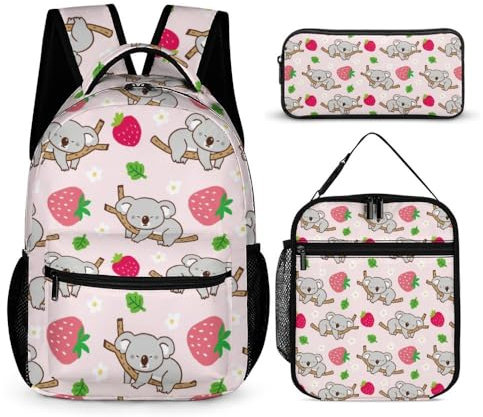 3 in 1 Kids Backpack for Boys And Girls, Cartoon Koala Bear Strawberry Pattern Waterproof School Backpack with Lunch Box&Pencil Bag, Cute Bookbag Travel School Bag, Durable & Water-Resistant, for