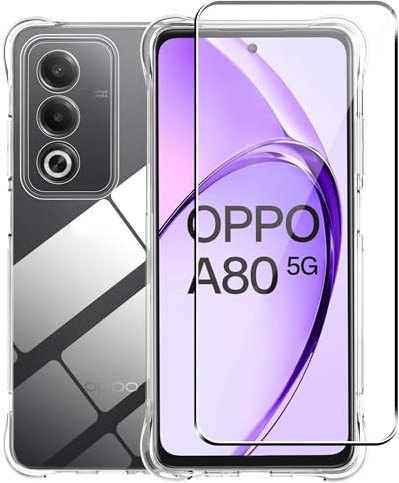 zZjoOoj Funda para OPPO A80 5G con 1 Piezas Vristal Templado, Carcasa Protectora Antigolpes Transparente con Cojín Esquina Parachoques, Suave TPU Silicona Caso Anti-Choques