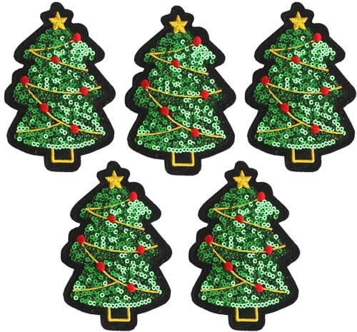 Kistreao Aufnäher zum Aufbügeln mit Pailletten, Weihnachtsbaum, bestickt, Glitzer, Applikationen zum Aufnähen für Kleidung, Jeans, Hüte, Jacken, Pullover, Dekorationen, Zubehör, 5 Stück