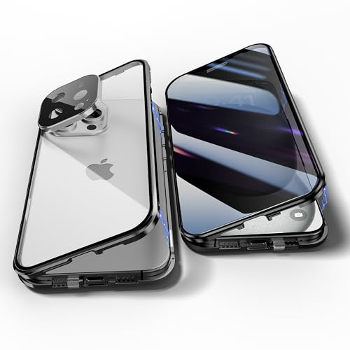 Jonwelsy Anti Peeping Hülle für iPhone 16 Pro, 360 Grad Schutz Case, Privatsphäre Gehärtetes Glas Anti-Spähen Cover, Stark Magnetische Adsorption Metallrahmen Handyhülle für 16 Pro (Schwarz)