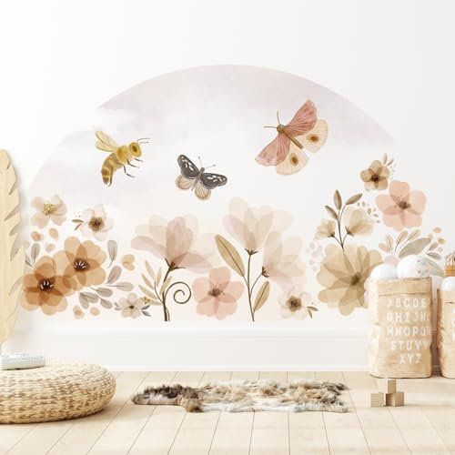 Wally Fox - Wandtattoo Kinderzimmer - Kinderzimmer Deko - Wandtattoo Kinderzimmer Mädchen - Wanddeko - Blumen, Schmetterlinge - Beige, Braun, Gelb - 1 Stück