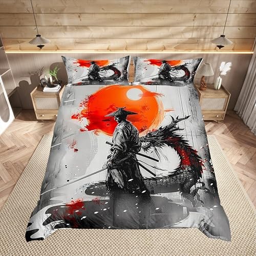Japanese Samurai Duvet Cover Set Double Size,Western Dragon Chinese Style Animal Bedding Set,Boys Girls Room Decor,Ink Wash Painting Retro Comforter Cover,Grey,2 Pillowcases(No Comforter)
