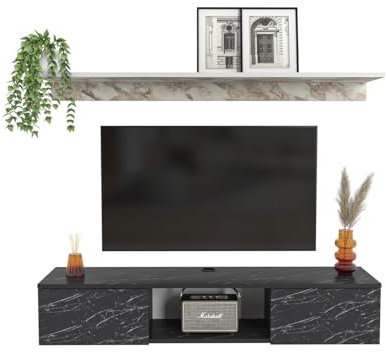 DECOROTIKA - Elia Floating Wall Mounted TV Stand with Included Wall Shelf Unit (White and Black Marble Effects)