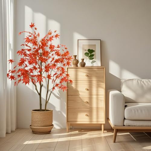 Techigher 150cm Kunstbaum roter Ahorn,künstlicher Ahornbaum mit Topf,Seidenahornbaum,Herbstahorn, künstlicher Herbstbaum für Büro Wohnzimmer Veranda Türdekoration Doppelstange