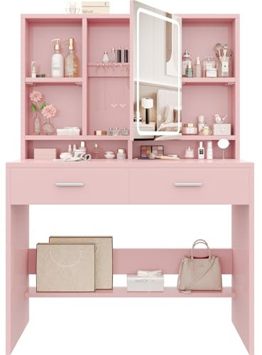 Devoko Toeletta Trucco con Luci Led a 3 Colori con Luminosità Regolabile,Tavolo da Trucco con Spazio per Gioielli, 4 Ripiani Regolabili, 2 Cassetti, Stile Moderno, Rosa