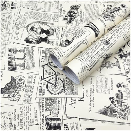RUIPUOWNO Tapete im Vintage-Stil aus Zeitungspapier Selbstklebende Tapete zum Abziehen und Aufkleben Ablösbare Tapetenrolle PVC-Tapete für Bekleidungsgeschäfte, Bars und Cafés,9.8 FT