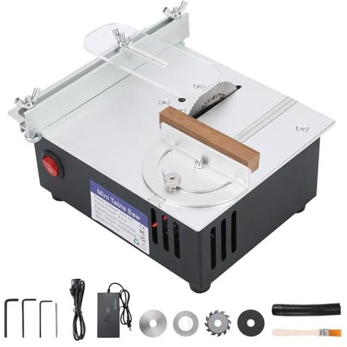 HEBERUCK Mini sega circolare da tavolo, alimentatore a 7 marce, sega da tavolo regolabile di precisione portatile, con 4 lame e linguetta di sicurezza, lama da 0,1 – 15 mm, regolabile in altezza
