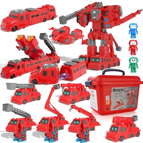 lerrbo Magnetisches Feuerwehrtruck Spielzeug Set, Verwandlungs-Roboter für Kinder 3-5 Jahre, Magnetisches Feuerwehrfahrzeug Set mit Aufbewahrungsbox, Geschenk für Jungen 4-8 Jahre