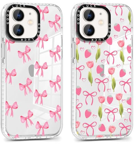 Yoedge 2 Pack Transparent Pink Bow Phone Case for iPhone 11 6.1, with Strawberry Aesthetics Pattern Design,Soft Silicone Shockproof Bumper Protector Matte Girls Women Cover, for iPhone 11