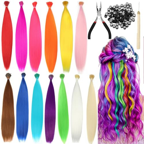 HaploS 52 Stück Bunte Haarverlängerungs Set, 13 Farben Haarsträhnen Kinder | 50cm Geflochtenes Haar Haarteile mit 100 Perlen Ponytail Braids Clip für Party Highlights Haar Zubehör Haarteile für Frauen