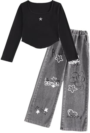 Momkonzz Girls Clothes Set Teen Long Sleeves Skim Tops + Jeans Heart Flower Denim Trousers Outfit 2Pcs 7-12T(Black 7-8T)