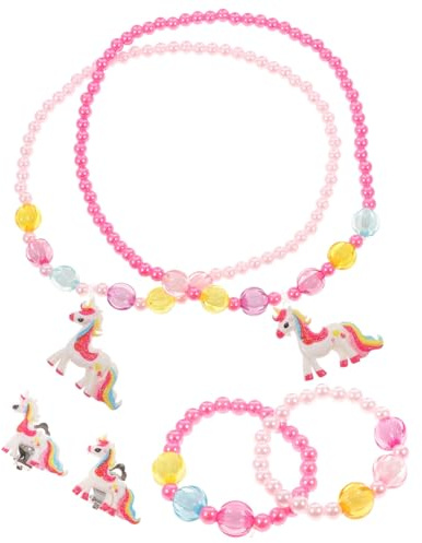 Abaodam 10pcs Unicorn Jewelry Set for Little Ages Bracelets Necklaces Earrings Hair Ropes in Pink and Rose Red Comfortable Skin-friendly Accessories for Everyday Wear and Photo Props