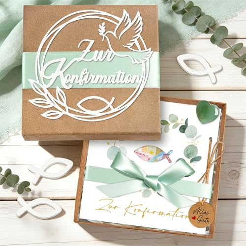 Konfirmation Geschenke für Mädchen Junge, Elegante Geldgeschenk Konfirmation Verpackung Geschenkbox & Karte & Grüner Glücksstein & Holzfische, Konfirmationsgeschenk, Eukalyptus Konfirmationskarten