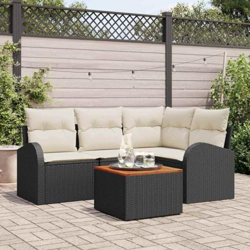 Owoxanthellate 4-Sitzer Gartensofa Set Schwarz Poly-Rattan wetterfest modular Eck-Sofa mit Akazienholztisch 55 x 62 x 85 cm für Terrasse Balkon und Garten