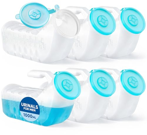 Urinals for Men with Glow-in-the-Dark Cover (1000ml/32oz) – 6 Pack Portable Reusable Urinal Bottles with Spill-Proof Cap – Bedside Pee Bottles for Seniors, Hospital, Travel & Car