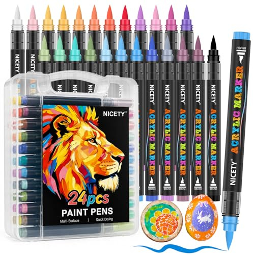 NICETY Feutre Acrylique 24PCS, Acrylic paint maker 1-5mm, Stylo Acrylique pour Peinture sur Verre Pierre Bois Toile, Set de Coloriage Adulte et Dessin Créatif
