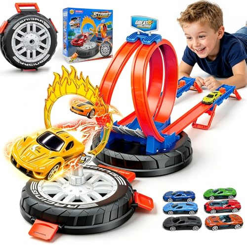 Circuit De Course pour Enfants Comprend 6 Petites Voitures, 2 Rampes Et 1 Boîte De Rangement pour Les Pneus. Convient Aux Filles Et Aux Garçons De 3 À 6 Ans