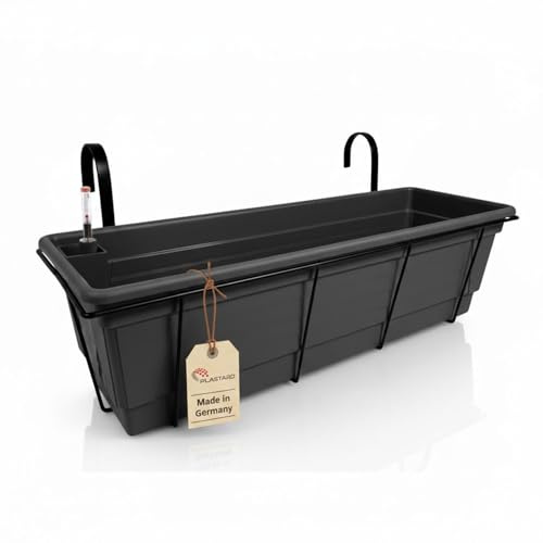 Plastard selbstwässernd Blumenkasten 100 cm Anthrazit Pflanzkasten & Korb | robuste Metallkorb - Witterungs- UV- & frostbeständig Pflanzkübel für Balkon, Garten & Terrasse mit Wasserstandsanzeiger