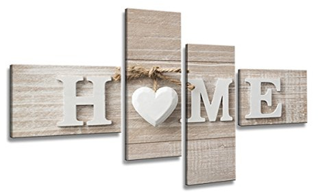 Visario Leinwandbild 160x70 cm 6502 HOME Schriftzug Herz Holzoptik Landhausstil Wandbild Wohnzimmer Schlafzimmer Küche Flur fertig aufgespannt Holzrahmen Wanddekoration modern warmbeige Landhaus