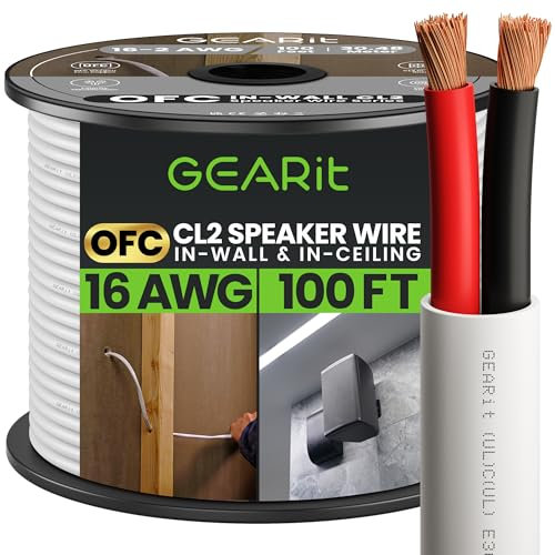 GearIT Cavo per altoparlanti da parete OFC 2 x 1,5 mm≤ (30,48 metri – bianco), rame privo di ossigeno, cavo audio Hi-Fi per In-Wall / CL2 nominale / 2 conduttori – 16 gauge AWG, 30,4 m