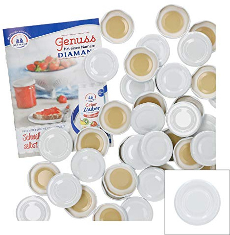 MamboCat 50er Set Deckel to 43, passend für 37 ml / 53 ml Gläser, weiß lackiert, Schraubdeckel für Sturzgläser, mit Gummidichtung incl. GRATIS Diamant-Zucker Rezeptheft