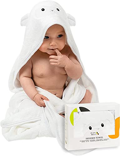 JM Bambus-Kapuzenhandtuch Baby – Premium-Starterset für Neugeborene, 100% Bio-Bambus, 88,9 x 88,9 cm, Geschenkbox und Waschlappen, ultraweich, Lamm