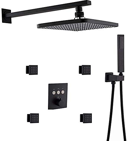 Thermostat Messing Duschsystem mit 4 Dusche Massage Seite Spray und Embedded-Box 305 * 203 mm 3 Funktionen Brausegarnitur, Schwarz