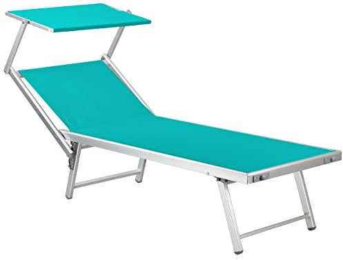 Totò Piccinni Salento Lettino Prendisole Pieghevole in Alluminio con TETTUCCIO mare spiaggia piscina giardino (Blu Tiffany)