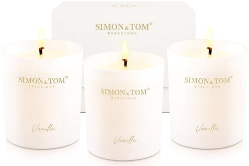 Simon&Tom Luxus Duftkerzen Set – 3er Set Vanille Duft – Bio-Sojawachs – Geschenkkerzen – Hochzeitskerzen – Glaskerzen – Langanhaltender Duft – 100 Stunden Brenndauer – Vegan – 2kg