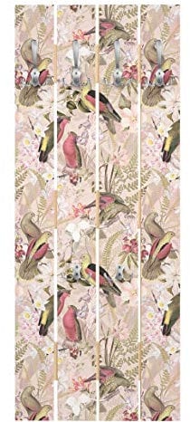 Wandgarderobe Holz - Rosa Pastell Vögel mit Blumen - Haken Chrom 100 x 40cm